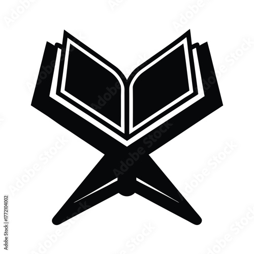 Elegant silhouette vector design of an open sacred scripture on a traditional stand, spiritual wisdom icon graphic