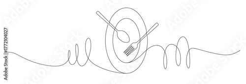 Continuous line art of a cutlery set consisting of an oval-shaped plate, spoon, and fork with curved and twisting lines. This icon is for a restaurant sticker or banner. Vector illustration.