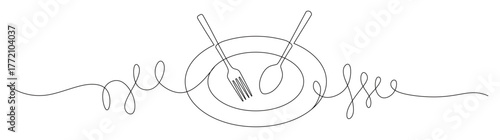 Continuous line art of a cutlery set consisting of an oval-shaped plate, spoon, and fork with curved and twisting lines. This icon is for a restaurant sticker or banner. Vector illustration.