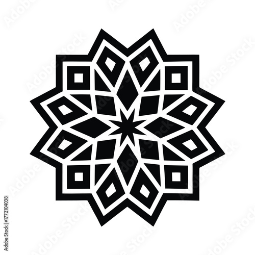 Black and white geometric starburst pattern, a striking Islamic art inspired design vector