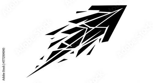 Abstract black arrow shattering into geometric fragments