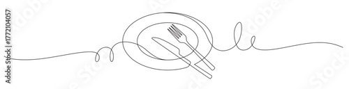 Continuous line art of a cutlery set consisting of an oval-shaped plate, knife, and fork with curved and twisting lines. This icon is for a restaurant sticker or banner. Vector illustration.