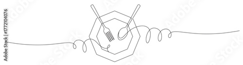 Continuous line art of a cutlery set consisting of an octagon-shaped plate, spoon, and fork with curved and twisted lines. This icon is for a restaurant sticker or banner. Vector illustration.