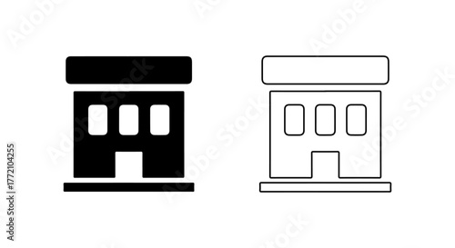 Two stylized building icons one solid black and one outlined
