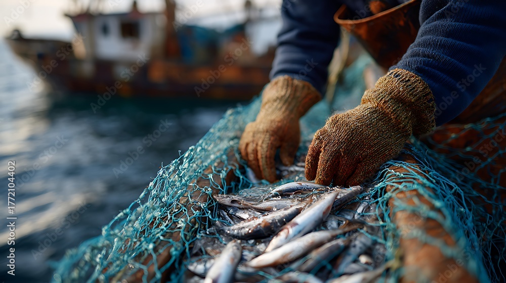 Obraz premium Fisherman Sorting Fresh Catch of Fish on Boat with Fishing Net