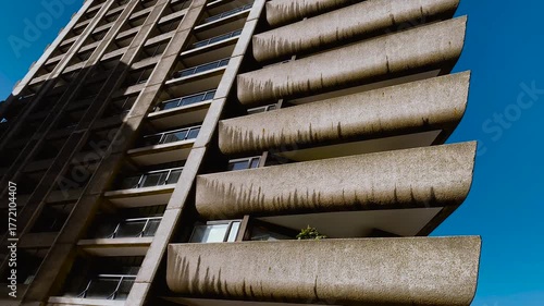 Barbican Estate, British Brutalist Architecture Terrace Blocks, Exposed Aggregate Concrete Facade, London, England, United Kingdom