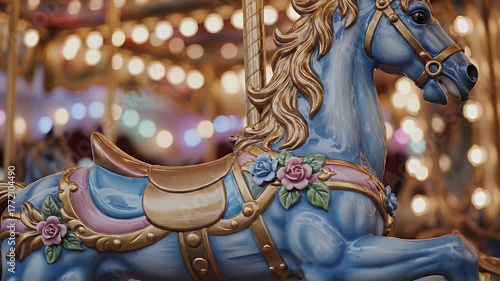 Close Up of Blue Carousel Horse with Gold Accents and Decorative Flowers Against Blurred Background of Lights