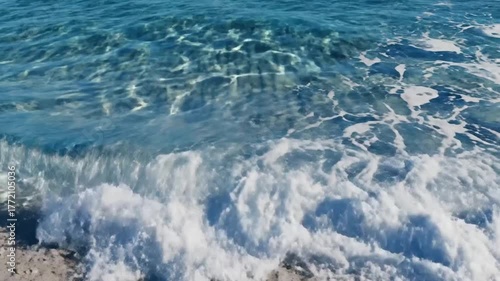 Waves on Sand with Clear Blue Water and Ripples with Sunlight Reflecting in Azure Ocean and Clean Coastline Scenic Coastal Landscape Photography