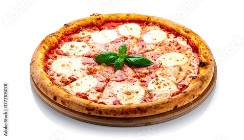 A whole pizza, sliced into triangular portions, sits on a wooden serving board. It has cheese, tomato sauce, and is topped with basil