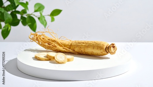 A whole root with sliced pieces of a botanical specimen arranged on a white circular platform with green foliage