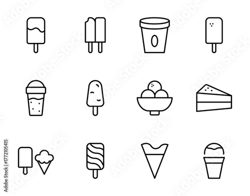 Ice Cream Icons Line Set Minimal Frozen Dessert, Gelato, Sundae, and Sweet Treat Outline Collection