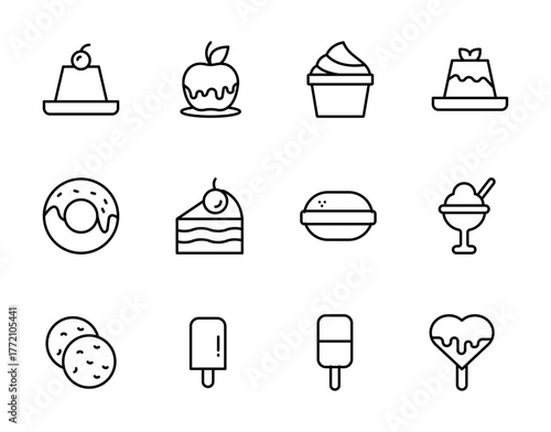 Dessert Icons Line Set — Minimal Sweet Food, Bakery, Candy, and Ice Cream Outline Collection
