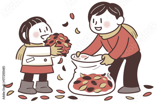 Father and daughter collecting fallen leaves into a trash bag / 落ち葉をゴミ袋に集める父と娘