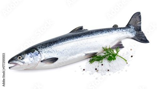 A whole, uncooked fish, lying diagonally on a white surface next to seasonings. It has a silver body and a dark dorsal fin