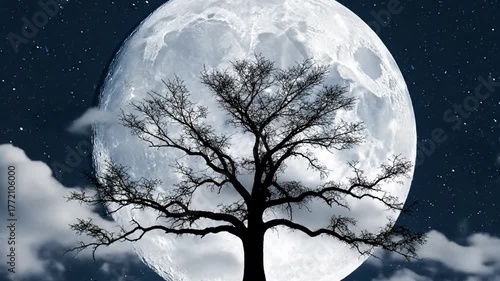Silhouette of a Bare Tree Against a Giant Full Moon in a Starry Night Sky with Soft Clouds and Ethereal Lighting Perfect for Adobe Stock Photography