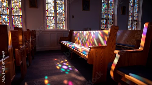 Church interior with stained glass light patterns on pews and floor