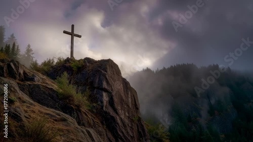 Cross on Rocky Outcrop with Foggy Forest and Dramatic Sky