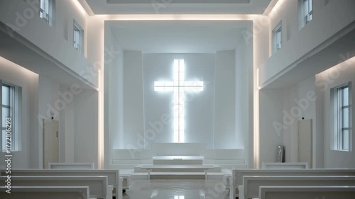 Modern Church Interior with Illuminated Cross and White Pews