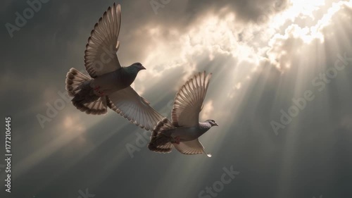 Two Pigeons Flying Through Sunbeams in Cloudy Sky