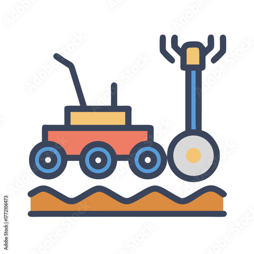 Mars rover exploring planetary surface with antenna graphic icon