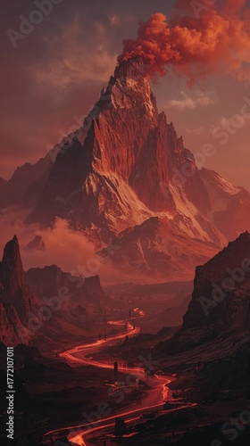 A stunning volcano erupts, releasing fiery lava that flows down its sides. The surrounding landscape features rocky mountains under a smoky sky, creating a dramatic scene at sunset.