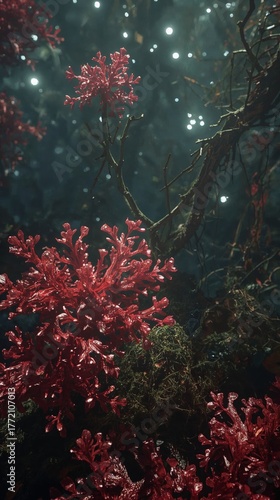 Bright red coral thrives in the dark depths of the ocean, surrounded by shadows and glimmering particles of light. The underwater landscape is serene and captivating.