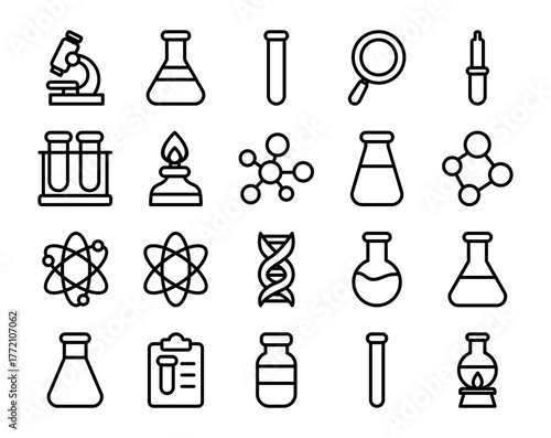 Flat Cute Science Laboratory Project Illustration with Molecules, Chemical Formula, DNA Helix, Atomic Structure, Lab Flasks, Experiment Tools, Research Equipment, Chemistry Education Concept for Kids