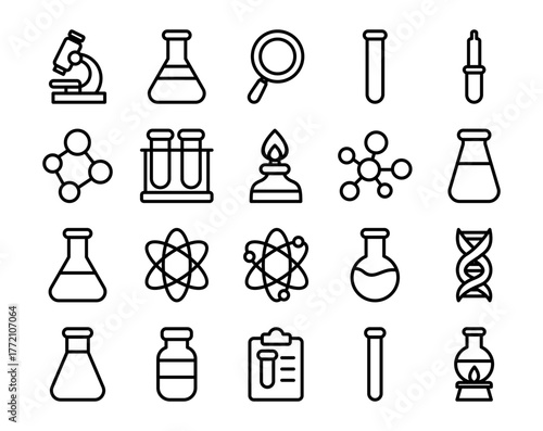 Flat Cute Science Laboratory Project Illustration with Molecules, Chemical Formula, DNA Helix, Atomic Structure, Lab Flasks, Experiment Tools, Research Equipment, Chemistry Education Concept for Kids