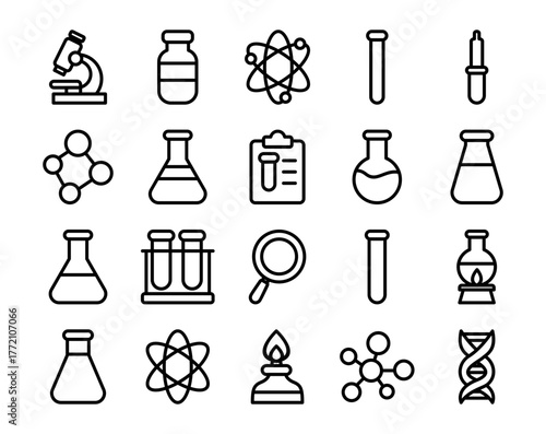 Flat Cute Science Laboratory Project Illustration with Molecules, Chemical Formula, DNA Helix, Atomic Structure, Lab Flasks, Experiment Tools, Research Equipment, Chemistry Education Concept for Kids