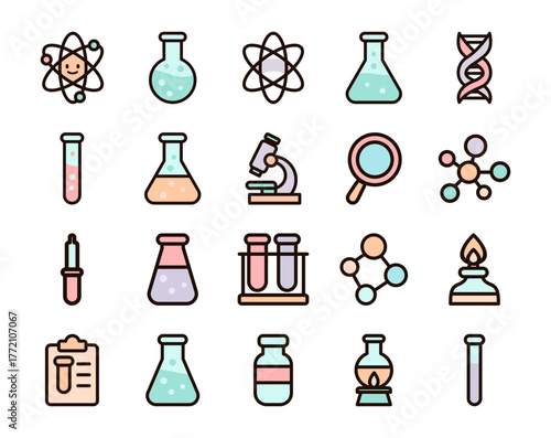 Flat Cute Science Laboratory Project Illustration with Molecules, Chemical Formula, DNA Helix, Atomic Structure, Lab Flasks, Experiment Tools, Research Equipment, Chemistry Education Concept for Kids