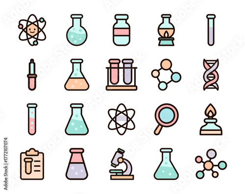 Flat Cute Science Laboratory Project Illustration with Molecules, Chemical Formula, DNA Helix, Atomic Structure, Lab Flasks, Experiment Tools, Research Equipment, Chemistry Education Concept for Kids