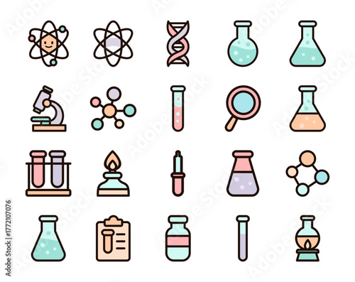 Flat Cute Science Laboratory Project Illustration with Molecules, Chemical Formula, DNA Helix, Atomic Structure, Lab Flasks, Experiment Tools, Research Equipment, Chemistry Education Concept for Kids