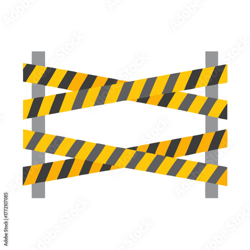 Striped warning tape on posts in a flat style