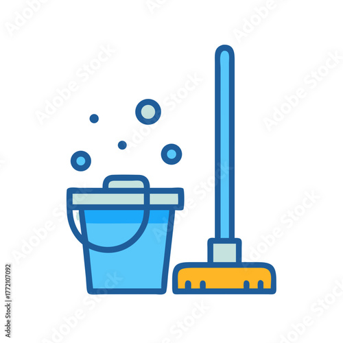 Stylized cartoon depiction of cleaning supplies on a black background