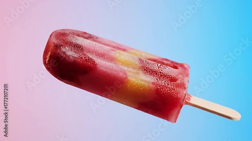 Refreshing Multicolored Fruit Popsicle with Condensation on a Stick, Vibrant Red, Pink, and Yellow Frozen Treat Against Gradient Background for Summer.