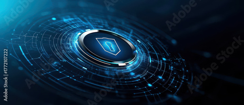 Secure digital lock icon on circular circuit interface glowing blue in minimalist futuristic cybersecurity concept conveying data protection and network defense