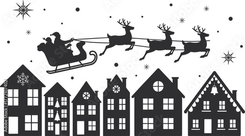 Santa Claus flying in sleigh with reindeer over houses, Christmas night scene silhouette, winter holiday celebration vector illustration design