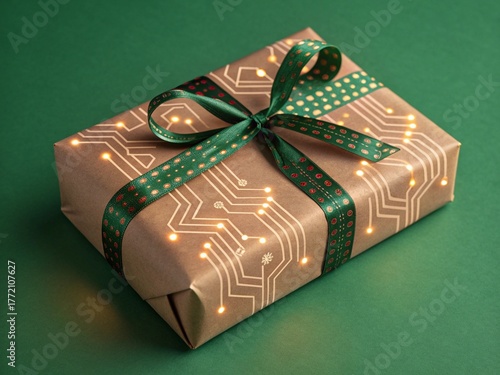 Christmas cyber security technology concept with gift wrapped in brown paper and digital circuit pattern glowing on green background - generated by ai