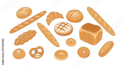 A collection of various baked goods, including bread, croissants, and pretzels, isolated on a