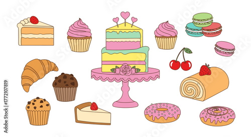Collection of sweet desserts including cake, cupcakes, macarons, croissants, donuts, and swiss roll