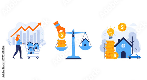 Real estate investment and property market growth concept with houses, money, and charts