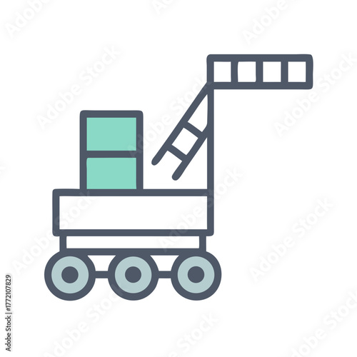 Cartoonish crane machine on black background, pastel color palette