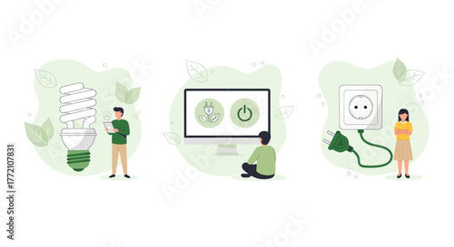 Energy saving concept with people interacting with ecofriendly technology and light bulb