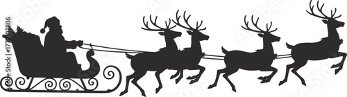 Silhouette of Santa Claus riding sleigh pulled by reindeer carrying Christmas gifts, festive holiday winter design for seasonal decoration artwork