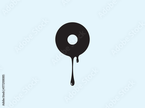 High-Contrast Doughnut Silhouette with Single Drip Isolated on White
