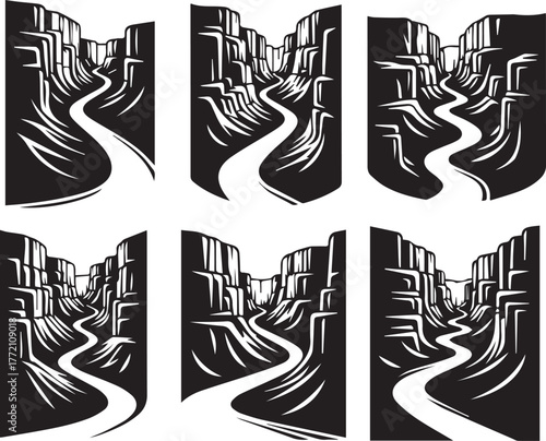 Canyon Scenery Illustration Set: A collection of stylized illustrations showcases the majestic beauty of canyons, with a winding river carving through the rugged landscape.