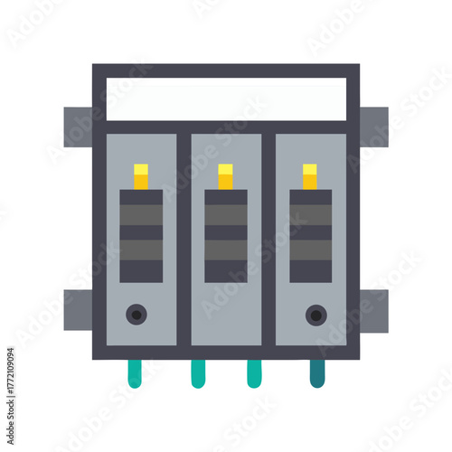 Simplified grey circuit breaker box illustration on black background