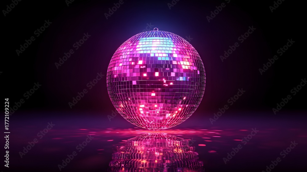 Fototapeta premium Illuminated mirrored sphere reflects vibrant neon light upon a dark reflective surface