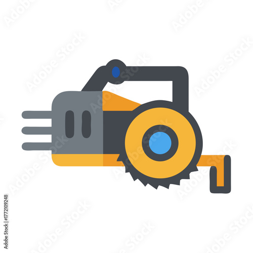 Gray and yellow saw construction icon on black background