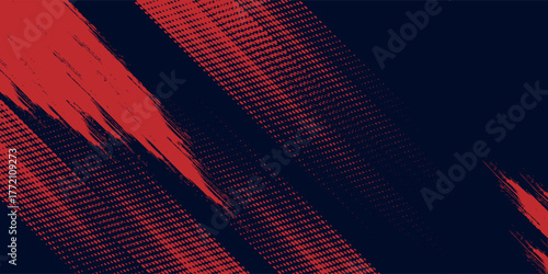 Glitch distorted red grunge background.  Red halftone dots blue color pattern design. Simple grunge brush arts. Vector. EPS 10.